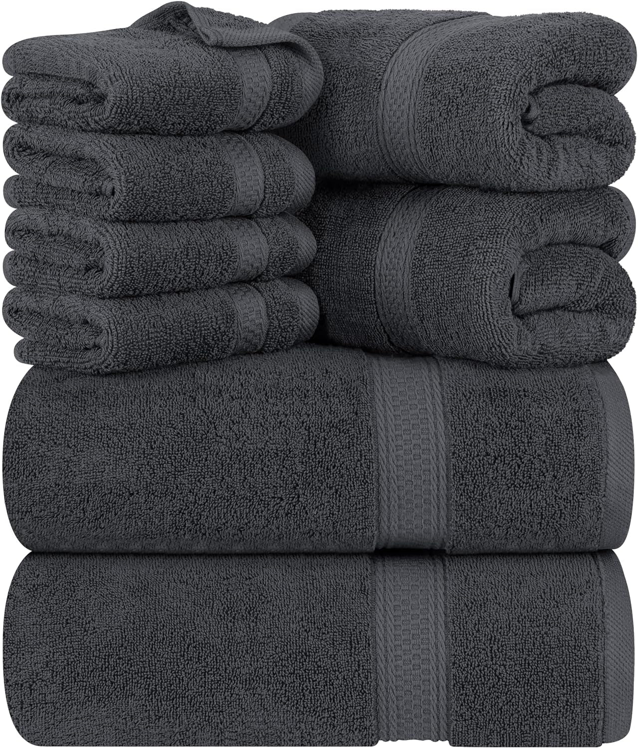 8-Piece Premium Towel Set, 2 Bath Towels, 2 Hand Towels, and 4 Wash Cloths, 600 GSM 100% Ring Spun Cotton Highly Absorbent Towels for Bathroom, Gym, Hotel, and Spa (Grey)