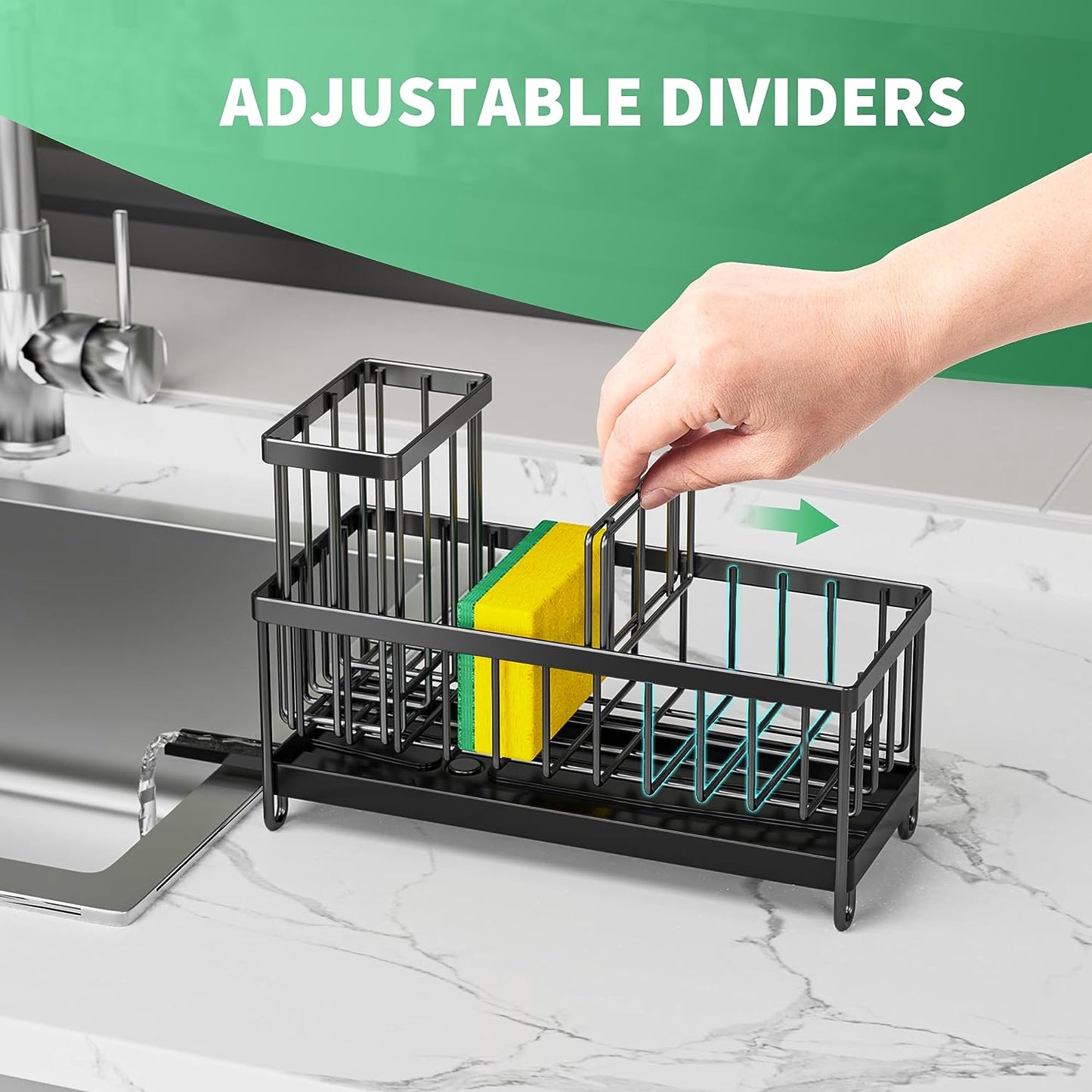 Sponge Holder for Kitchen Sink, Sink Caddy with High Brush Holder, Kitchen Sink Organizer Countertop Rustproof 304 Stainless Steel , Soap Dispenser Kitchen Organizers and Storage Essentials