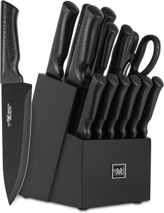 Knife Set, 15 Pcs Kitchen Knife Set with Block Self Sharpening, Dishwasher Safe, 6 Steak Knives, Anti-Slip Handle, Black