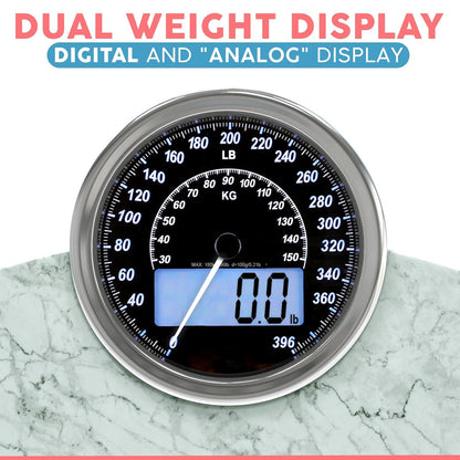 Hybrid 2-In-1 Analog & Digital Weighing Scale for Body Weight up to 400Lbs + Thick Tempered Glass + Extra Large Display + Easy to Read Digital Bathroom Scale + New - Marble White