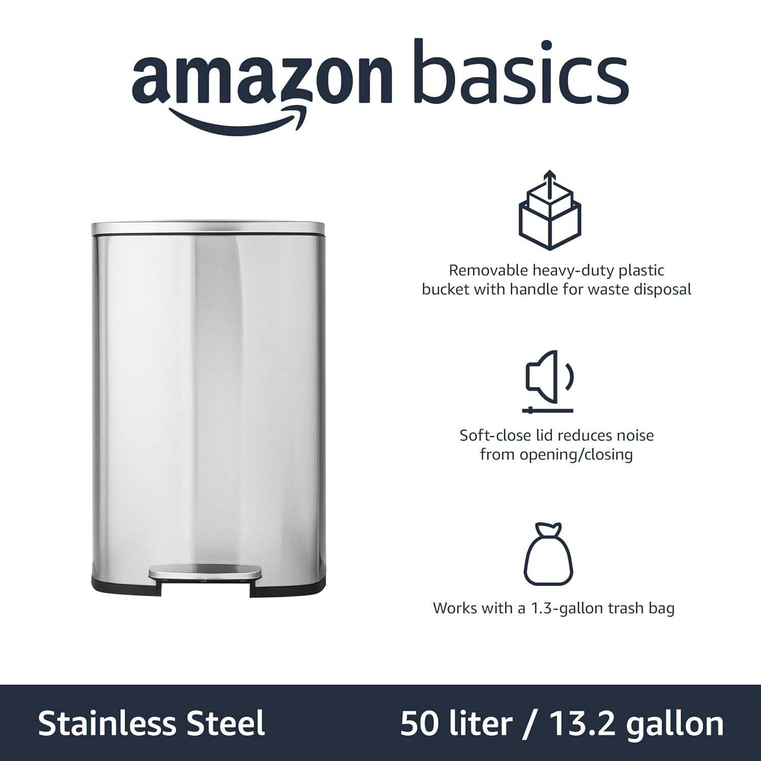 Smudge Resistant Rectangular Trash Can with Soft-Close Foot Pedal, Brushed Stainless Steel, 50 Liter/13.2 Gallon, Satin Nickel Finish, 16.7"L X 14.7"W X 25.9"H