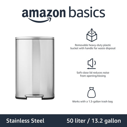 Smudge Resistant Rectangular Trash Can with Soft-Close Foot Pedal, Brushed Stainless Steel, 50 Liter/13.2 Gallon, Satin Nickel Finish, 16.7"L X 14.7"W X 25.9"H