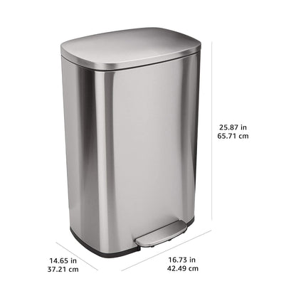 Smudge Resistant Rectangular Trash Can with Soft-Close Foot Pedal, Brushed Stainless Steel, 50 Liter/13.2 Gallon, Satin Nickel Finish, 16.7"L X 14.7"W X 25.9"H