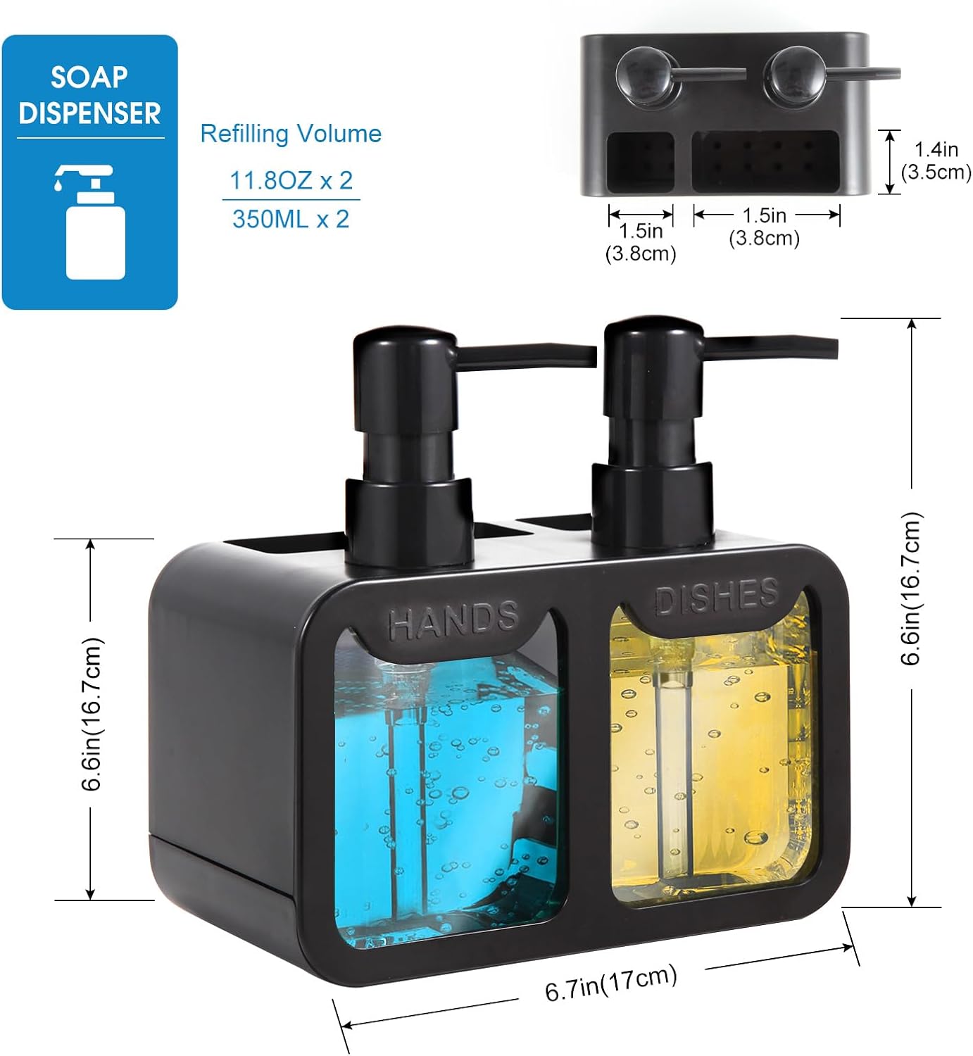 Kitchen Soap Dispenser Set, with Hand and Dish Soap, Sponge Caddy and Brush Holder 4-In-1 Kitchen Dual Soap Dispenser Set for Kitchen Sink, Bathroom - Black