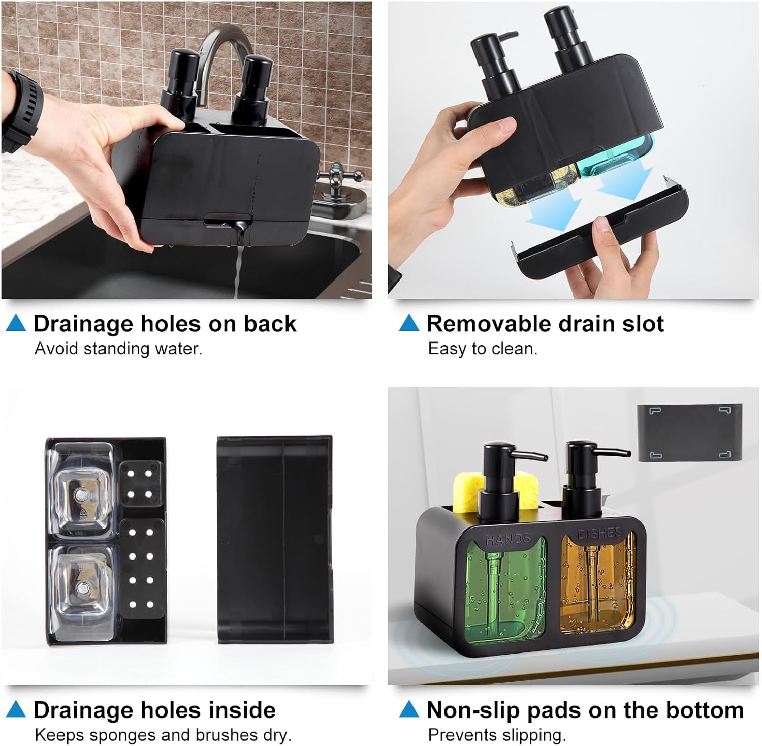 Kitchen Soap Dispenser Set, with Hand and Dish Soap, Sponge Caddy and Brush Holder 4-In-1 Kitchen Dual Soap Dispenser Set for Kitchen Sink, Bathroom - Black