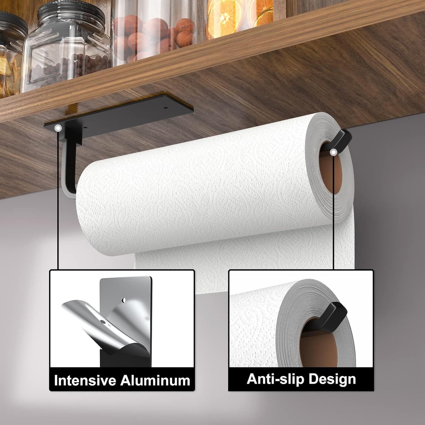 Paper Towel Holder - Self-Adhesive or Drilling, Matte Black, Upgraded Aluminum Kitchen Roll Dispenser under Cabinet, Lighter but Stronger than Stainless Steel!