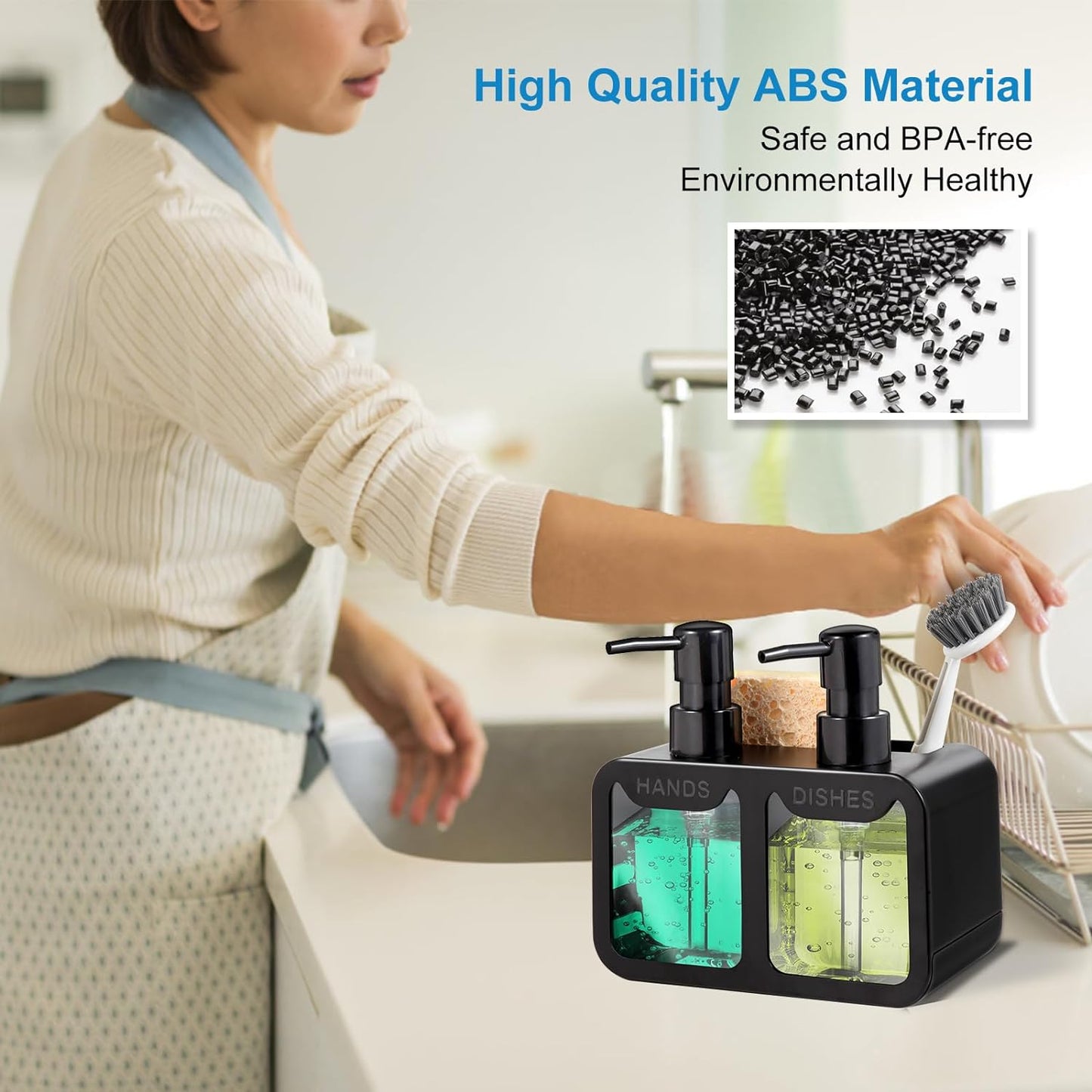 Kitchen Soap Dispenser Set, with Hand and Dish Soap, Sponge Caddy and Brush Holder 4-In-1 Kitchen Dual Soap Dispenser Set for Kitchen Sink, Bathroom - Black