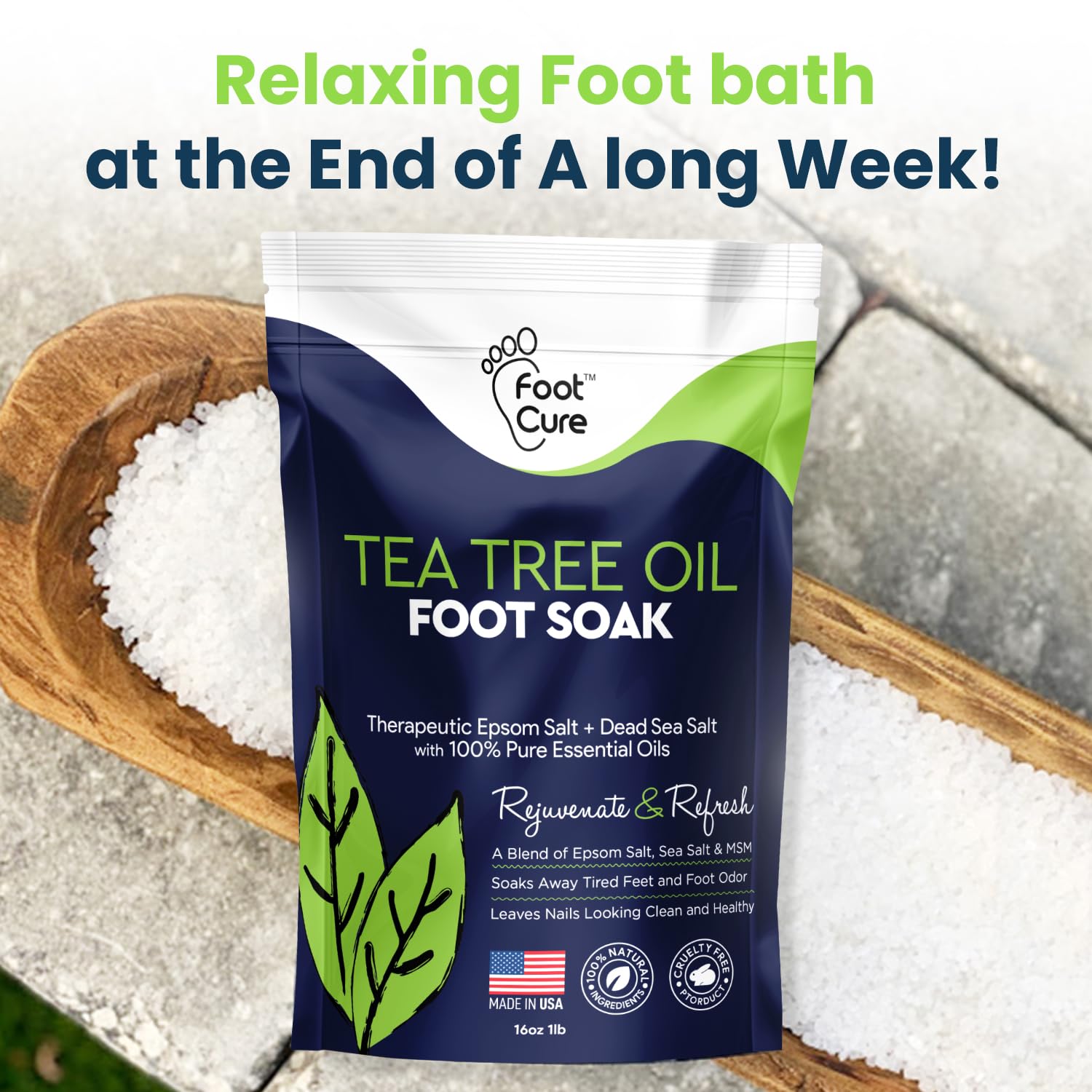 Tea Tree Oil Foot Soak with Epsom Salt - for Toenail Repair, Athletes Foot, Softens Calluses, Soothes Sore & Tired Feet, Nail Discoloration, Odor Scent, Spa Pedicure Care - Made in USA 16 Oz