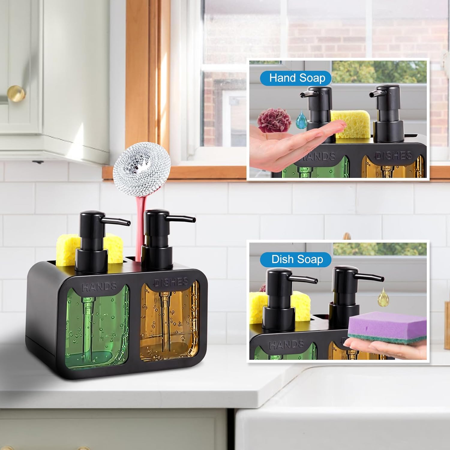 Kitchen Soap Dispenser Set, with Hand and Dish Soap, Sponge Caddy and Brush Holder 4-In-1 Kitchen Dual Soap Dispenser Set for Kitchen Sink, Bathroom - Black