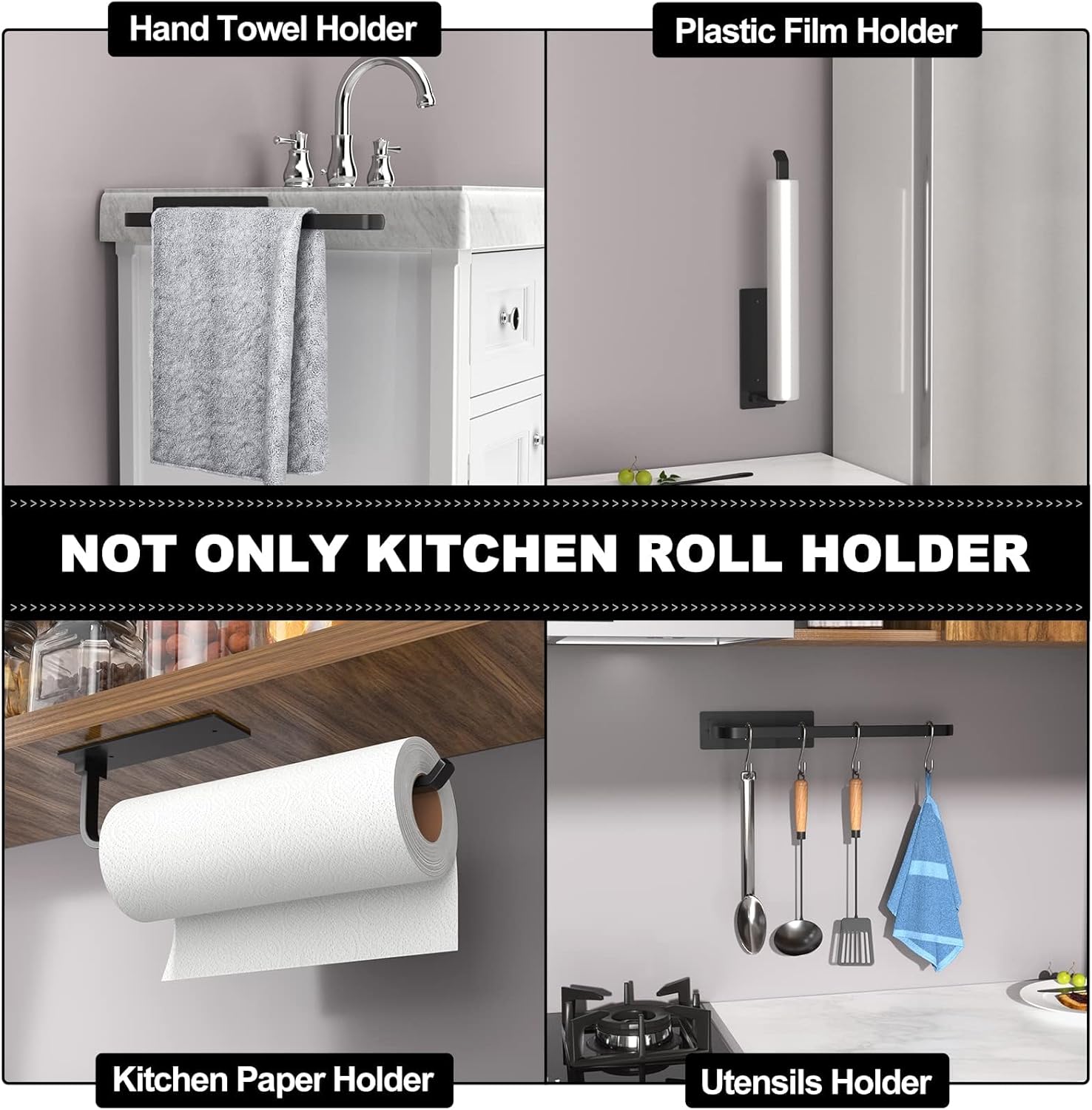 Paper Towel Holder - Self-Adhesive or Drilling, Matte Black, Upgraded Aluminum Kitchen Roll Dispenser under Cabinet, Lighter but Stronger than Stainless Steel!