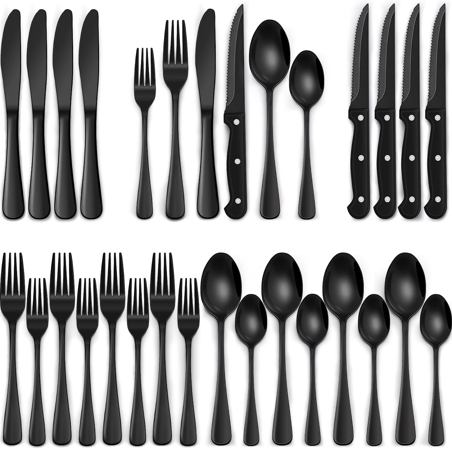 24-Piece Black Silverware Set with Steak Knives, Black Flatware Set for 4, Food-Grade Stainless Steel Tableware Cutlery Set, Mirror Finished Utensil Sets for Home Restaurant