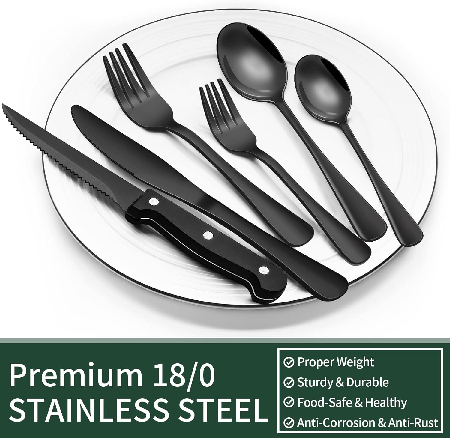 24-Piece Black Silverware Set with Steak Knives, Black Flatware Set for 4, Food-Grade Stainless Steel Tableware Cutlery Set, Mirror Finished Utensil Sets for Home Restaurant