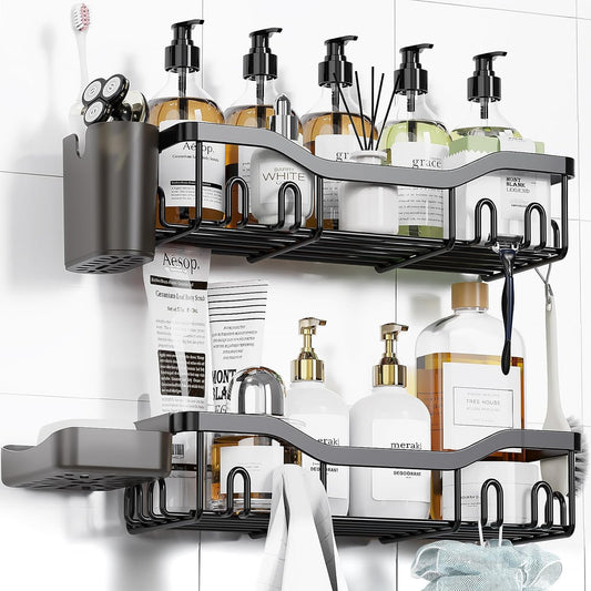 Shower Caddy Adhesive Shower Organizer Rustproof Stainless Steel Bathroom Shelves, Large Capacity No-Drill Rack Storage Accessories with Soap Dish Toothbrush Holder & 16 Hooks Home Decor Black