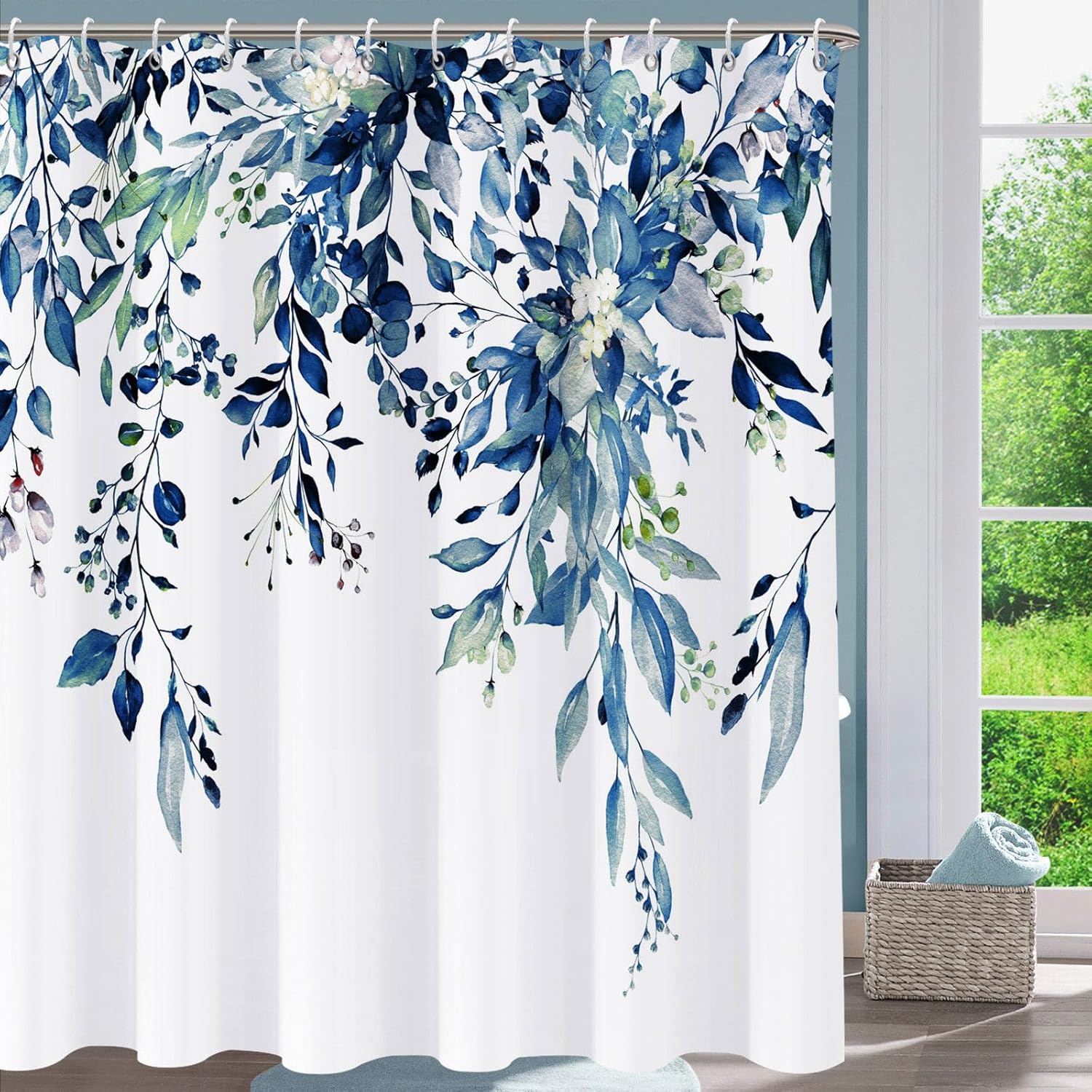 Shower Curtain Blue Eucalyptus Shower Curtains for Bathroom, Watercolor Leaf Shower Curtain Sets Waterproof Plant Shower Curtain Leaves Fabric Cloth Bathroom Curtains 72X72 Inch with Hooks