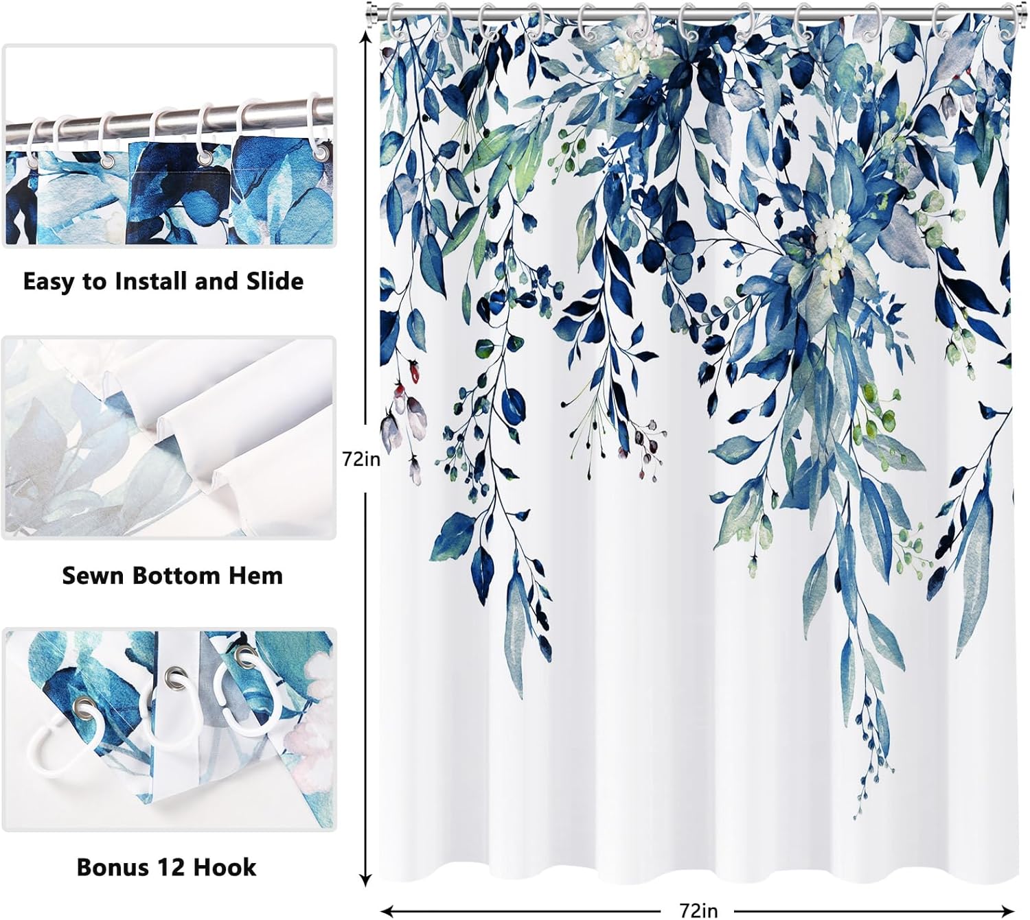 Shower Curtain Blue Eucalyptus Shower Curtains for Bathroom, Watercolor Leaf Shower Curtain Sets Waterproof Plant Shower Curtain Leaves Fabric Cloth Bathroom Curtains 72X72 Inch with Hooks