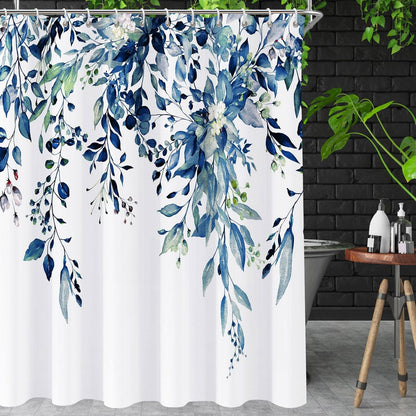 Shower Curtain Blue Eucalyptus Shower Curtains for Bathroom, Watercolor Leaf Shower Curtain Sets Waterproof Plant Shower Curtain Leaves Fabric Cloth Bathroom Curtains 72X72 Inch with Hooks