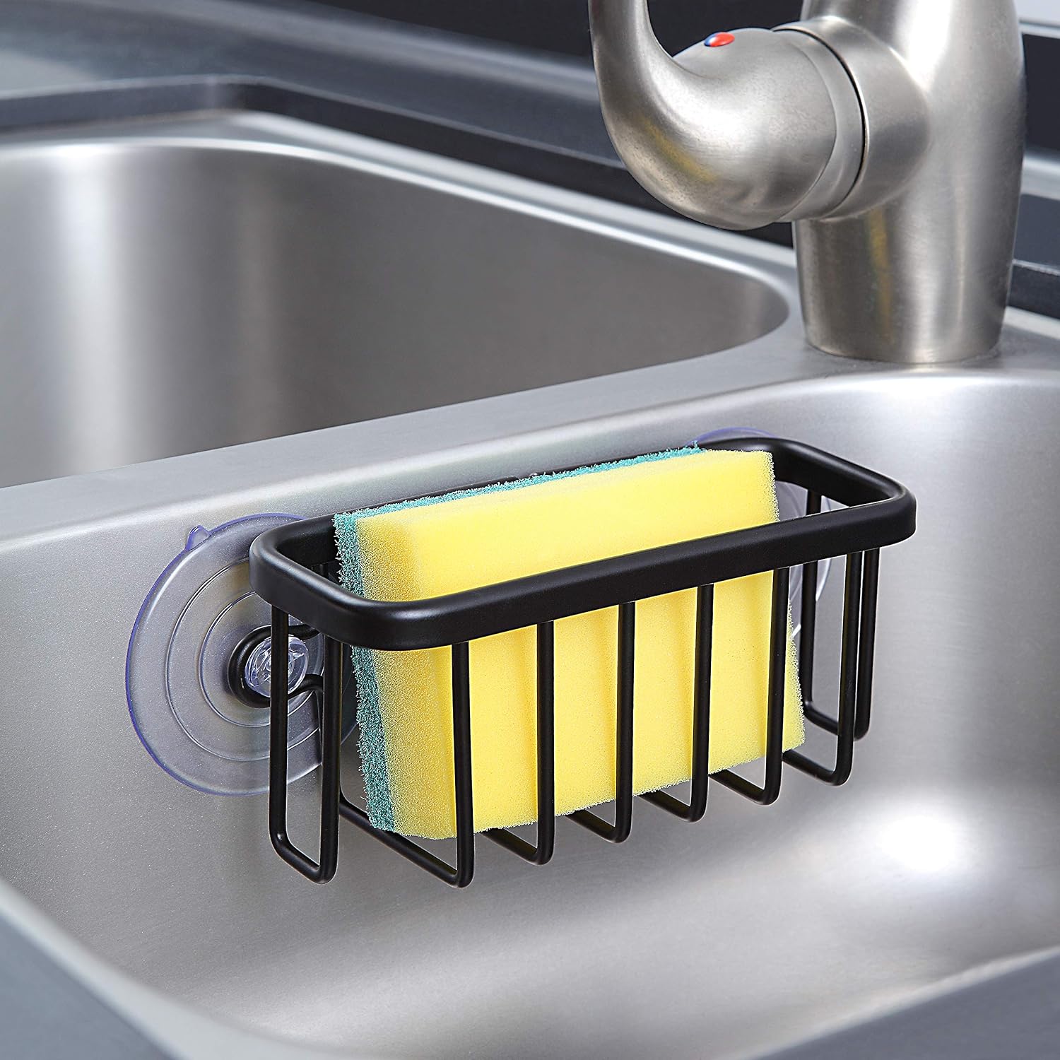 Neverrust Kitchen Sink Suction Holder for Sponges, Scrubbers, Soap, Kitchen, Bathroom, 6" X 2.5" X 2.75", Aluminum (BLACK)