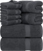 8-Piece Premium Towel Set, 2 Bath Towels, 2 Hand Towels, and 4 Wash Cloths, 600 GSM 100% Ring Spun Cotton Highly Absorbent Towels for Bathroom, Gym, Hotel, and Spa (Grey)