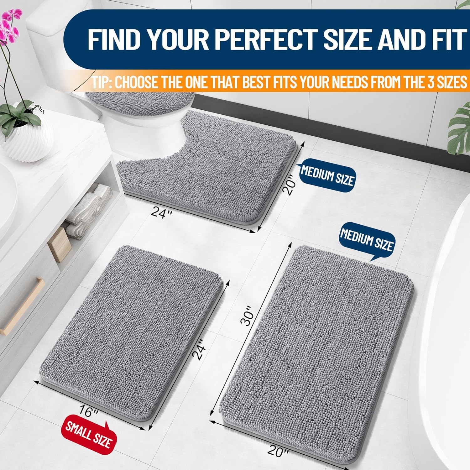 Bathroom Rugs 30X20, Extra Soft Absorbent Chenille Bath Rugs, Rubber Backing Quick Dry, Machine Washable Bath Mats for Bathroom Floor, Tub and Shower, Home Decor Accessories, Grey