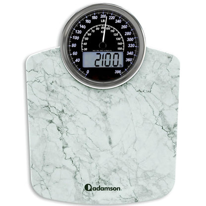 Hybrid 2-In-1 Analog & Digital Weighing Scale for Body Weight up to 400Lbs + Thick Tempered Glass + Extra Large Display + Easy to Read Digital Bathroom Scale + New - Marble White