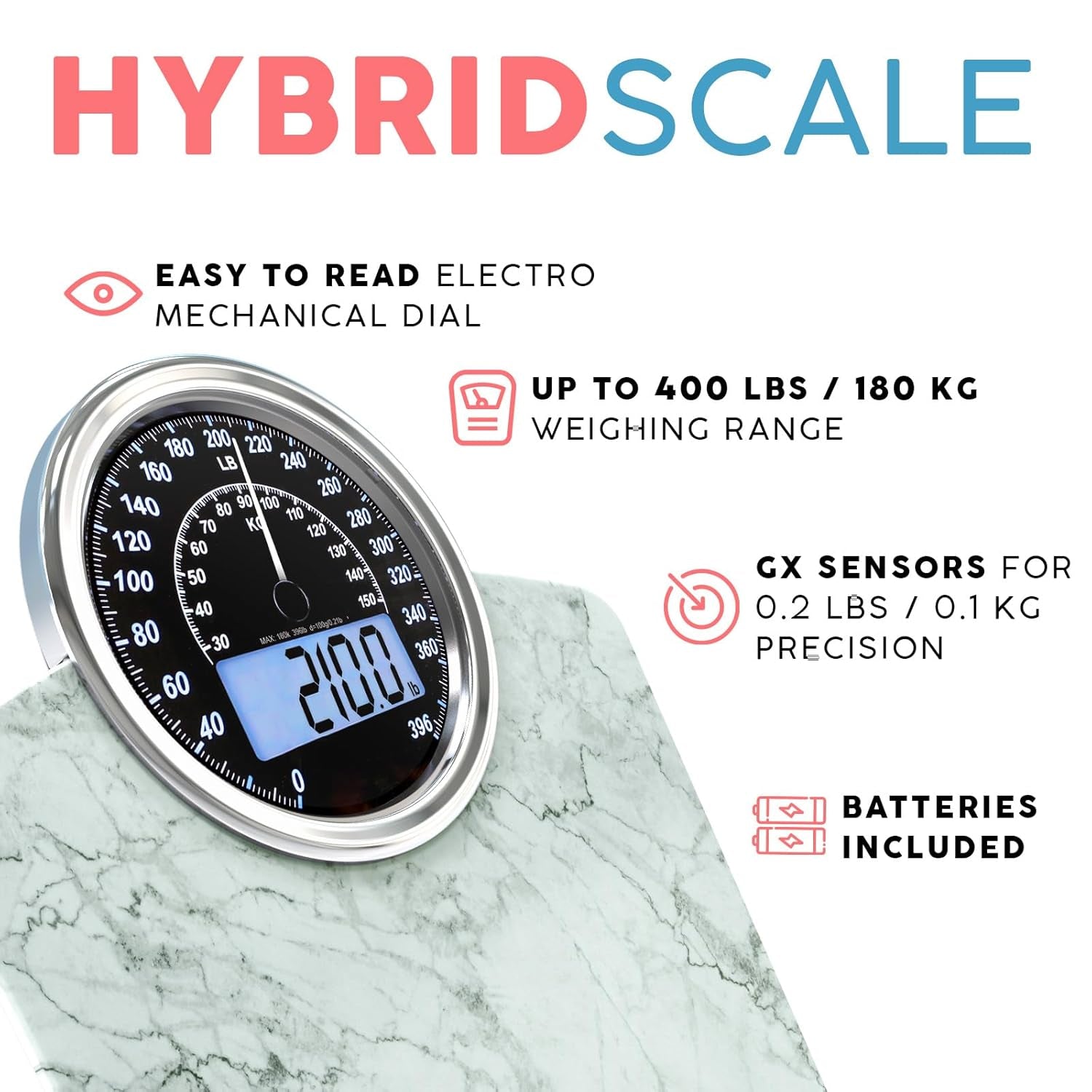 Hybrid 2-In-1 Analog & Digital Weighing Scale for Body Weight up to 400Lbs + Thick Tempered Glass + Extra Large Display + Easy to Read Digital Bathroom Scale + New - Marble White